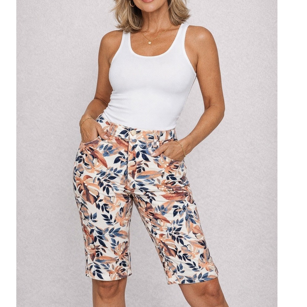 Gloria Vanderbilt 4P Amanda Crop Jeans Womens Tropical Leaf Print High Rise Blue